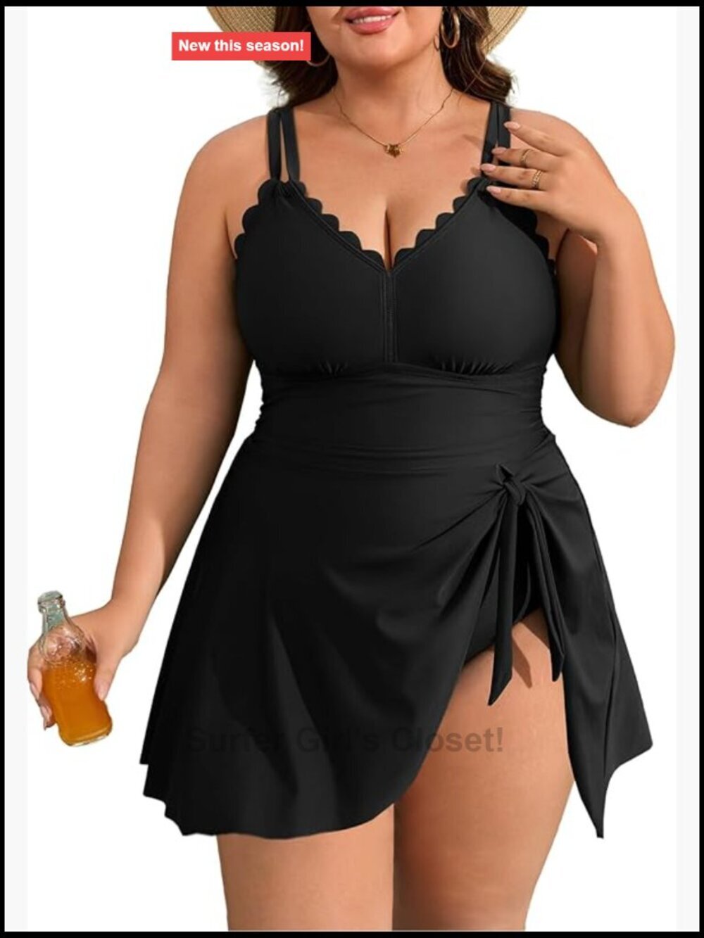 Plus Size One Piece Swim Dress Tummy Control Ruched Scalloped V-Neck Adjustable